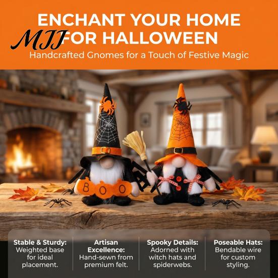Plush Faceless Dwarf Ornaments Halloween Gnome Decoration, Spooky Orange Black Spider Web Boo Swedish Tomte Party Table Centerpieces Elf Figurine,