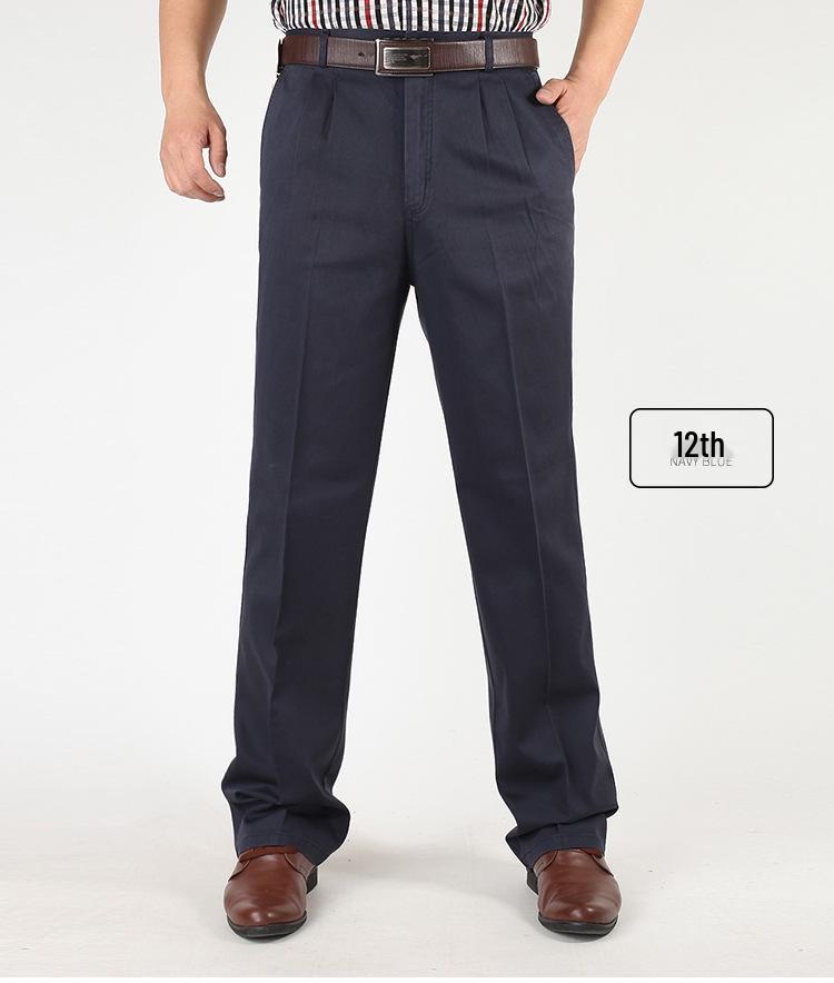 Pantaloni Casual de Vară din Bumbac cu Croială Largă pentru Bărbați - Talie Înaltă, Picior Drept, Cu Pliuri Duble pentru Bărbați de Vârstă Mijlocie și Vârstnici