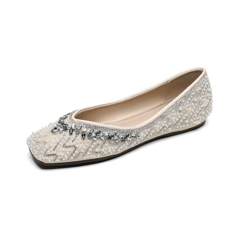 Square-toed Single Shoes for Women Shallow Rhinestone Shoes Flat Shoes with Soft Soles