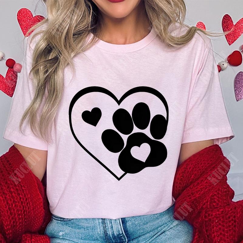 Funny Heart  Dog Paw Print Women Tshirts Fashion Summer Ladies Tshirts Short Sleeves Clothes Love Heart Fashion Casual Shirts