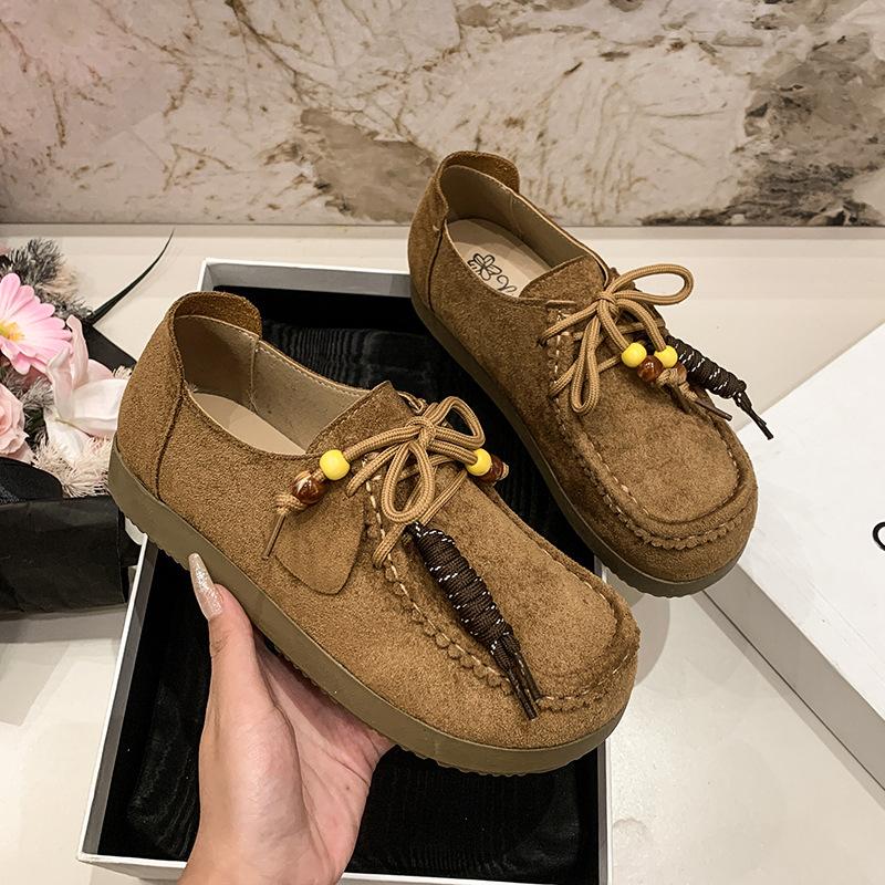 Fashion Retro Women Nubuck Leather Casual Flat Shoes Leather Single Shoe Ladies Walking Chaussure Femme Women's Loafers Zapatos De Mujer