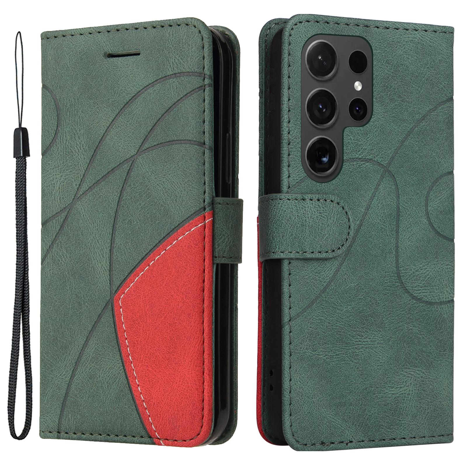 

For Samsung Galaxy S24 Ultra Leather Case Wallet Stand Color Splicing Phone Cover Green