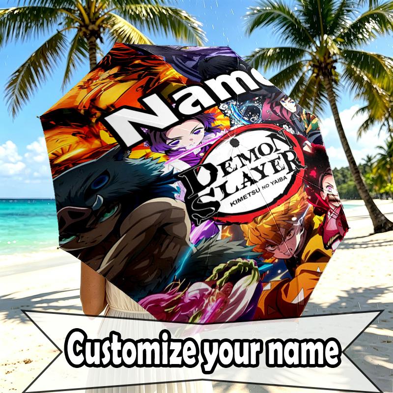 Custom Name Personalized Demon Slayer Print Umbrella, Auto Open Close, 8‑Rib Sturdy Frame, Commute Camping Hiking Use, Birthday Gift