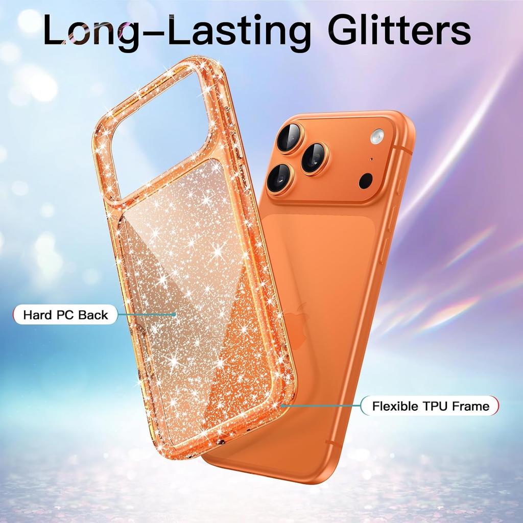Orange Gold Glitter Case for iPhone 17 Pro Max Air 16E 16 E 15 Plus 14 13 Mini 12 11 X XS XR SE 2022 2020 7 8 Bling Sparkle Phone Cover Accessories