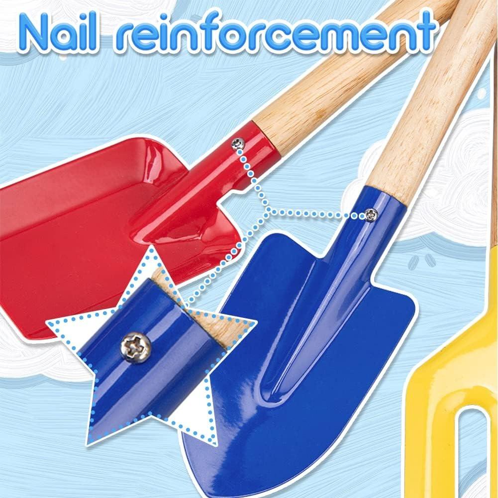 5PCS Kids Beach Toys Set – Metal with Wooden Handle Sand Tools for Children Beach Gardening Outdoor Play Set for Kids