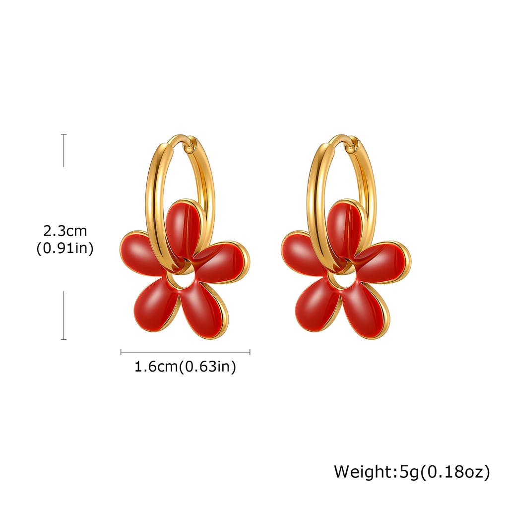 Blumenohrringe Roter Emaille Vergoldeter Creolen Edelstahl Florale Hängeohrringe für Damen Y2K Sommer Mode Schmuck