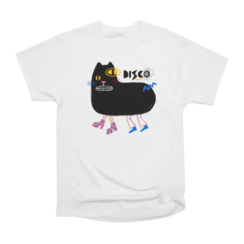 Men Casual Shirts Short Sleeves DISCO CAT White Tees Oversized T-shirts S белый