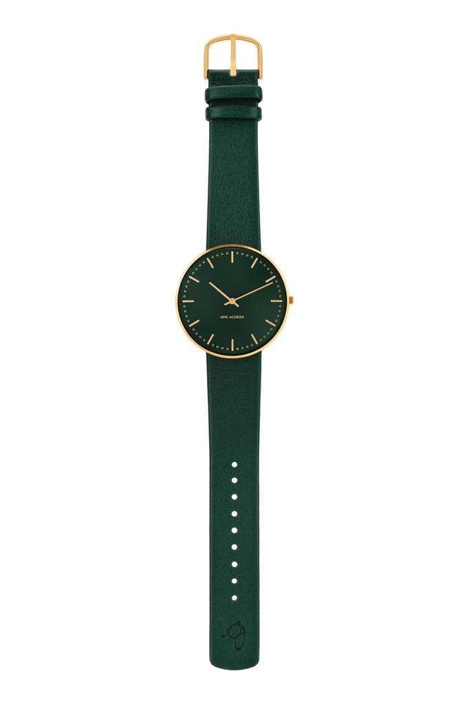 ARNE JACOBSEN STATION 53208-2088G, 40mm, Scandinavian Design, Water Resistant (Quiet Design with No Second Hand), Evergreen Leather, Gold