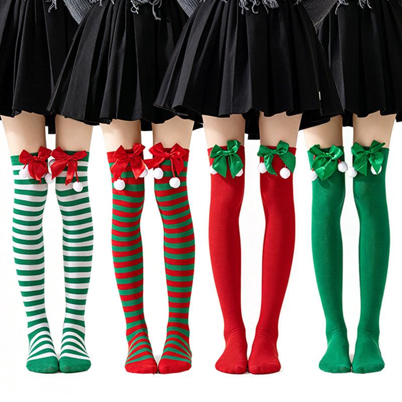 Christmas Striped Over Knee Thigh High Stockings 1 Pair Soft Socks for Women Xmas Party Favor Gift Option
