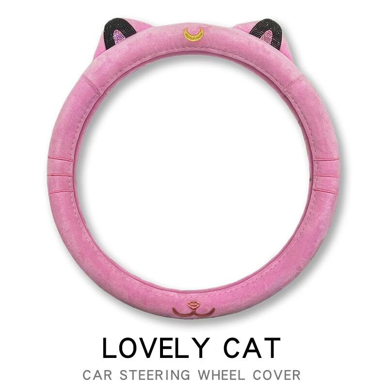 

Cartoon Car Steering Wheel Cover Female Winter Cute Cat Ears Genuine Leather Suede Diamond Decoration Universal Grip Cover Suitable for Four Seasons Pink Suede O Round