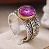 Ethnic Inlaid Purple Stone Women's Ring Vintage Two Color Hand Carving Daily Wear Party Jewelry Anniversary Gift