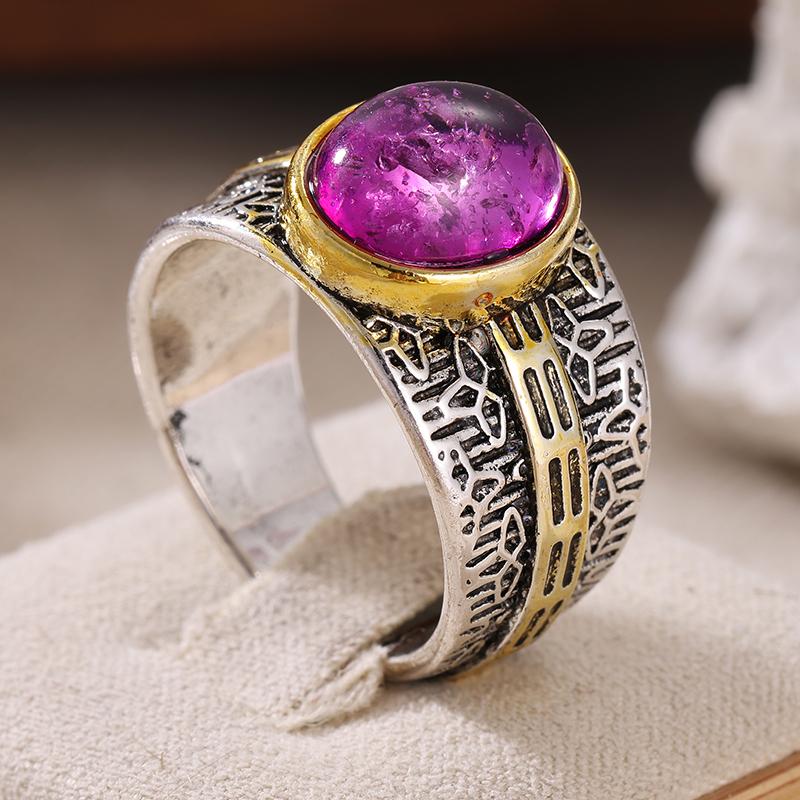 Ethnic Inlaid Purple Stone Women's Ring Vintage Two Color Hand Carving Daily Wear Party Jewelry Anniversary Gift