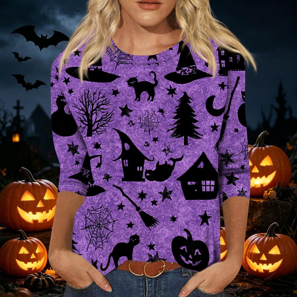 Women's Casual 3/4 Sleeve Halloween Print Pullover Top Round Neck Lightweight Loose Fit Shirt for Fall and Everyday Wear