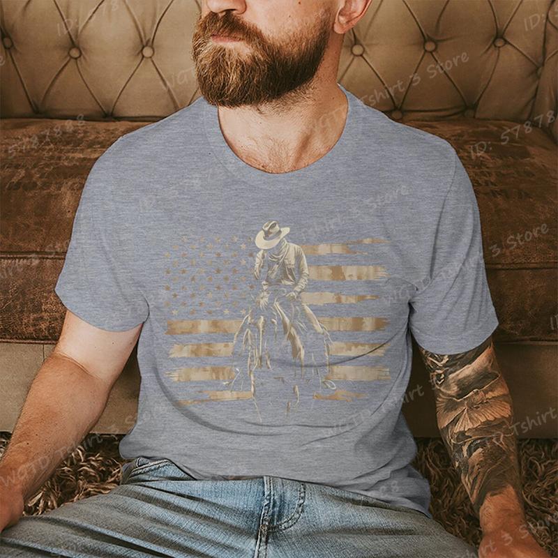 Cowboy with American Flag Pattern Print T Shirt Tees for Men Casual Short Sleeve TShirt for Summer Vintage Graphic Tshirts