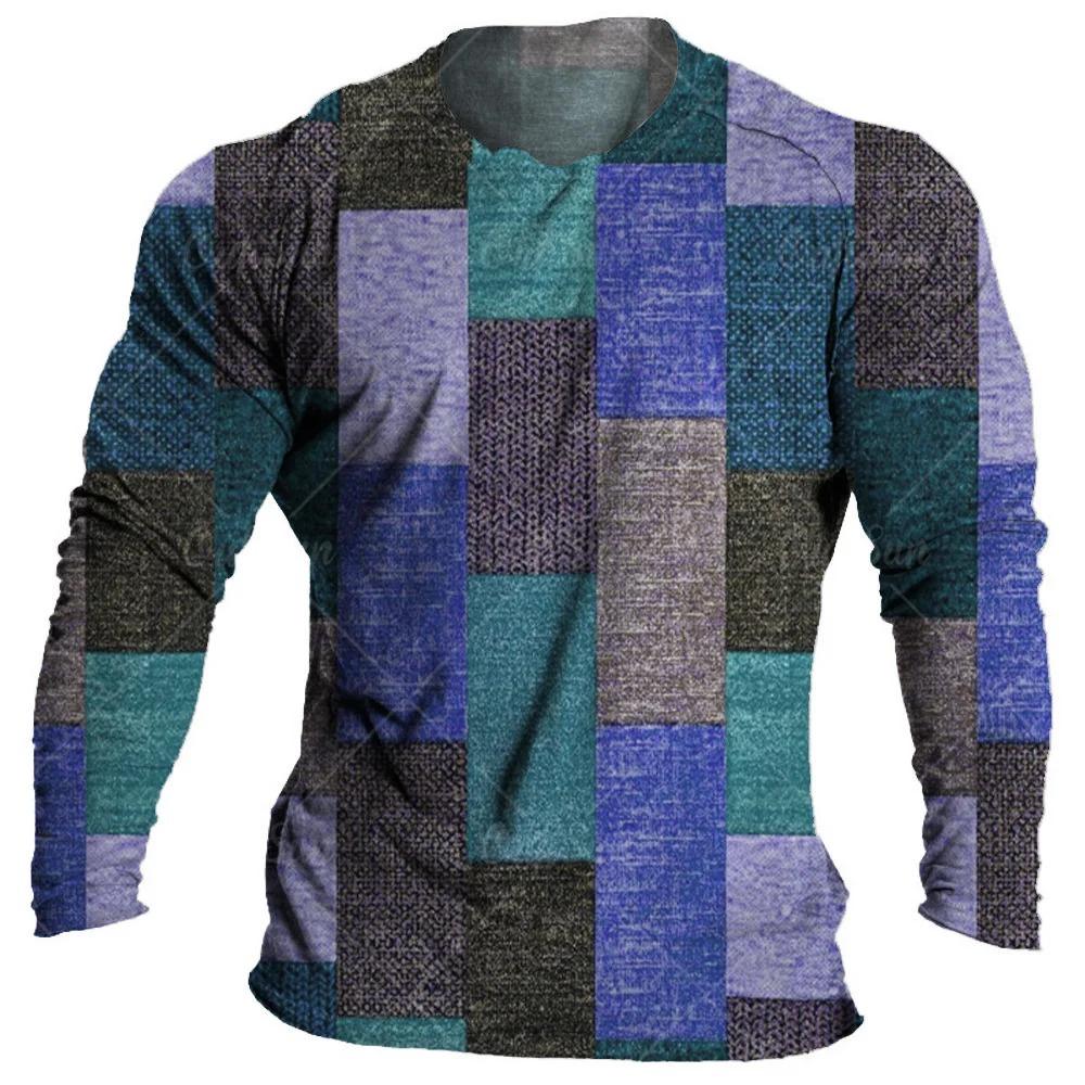 Vintage Multi color Plaid splicing 3D Print Men's T-shirts Autumn New Long Sleeve Tops Daily T Shirt For Man Patchwor Clothing