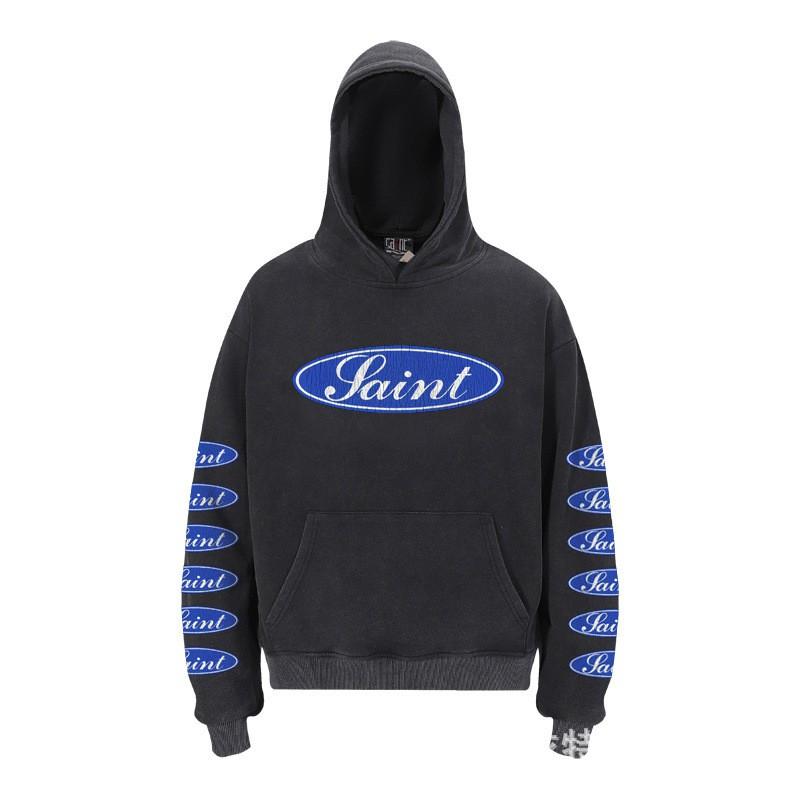 Sweat à capuche imprimé Ange Saint Michel Hommes Femmes Streetwear Américain Sweat-shirt à enfiler délavé Coupe décontractée ample