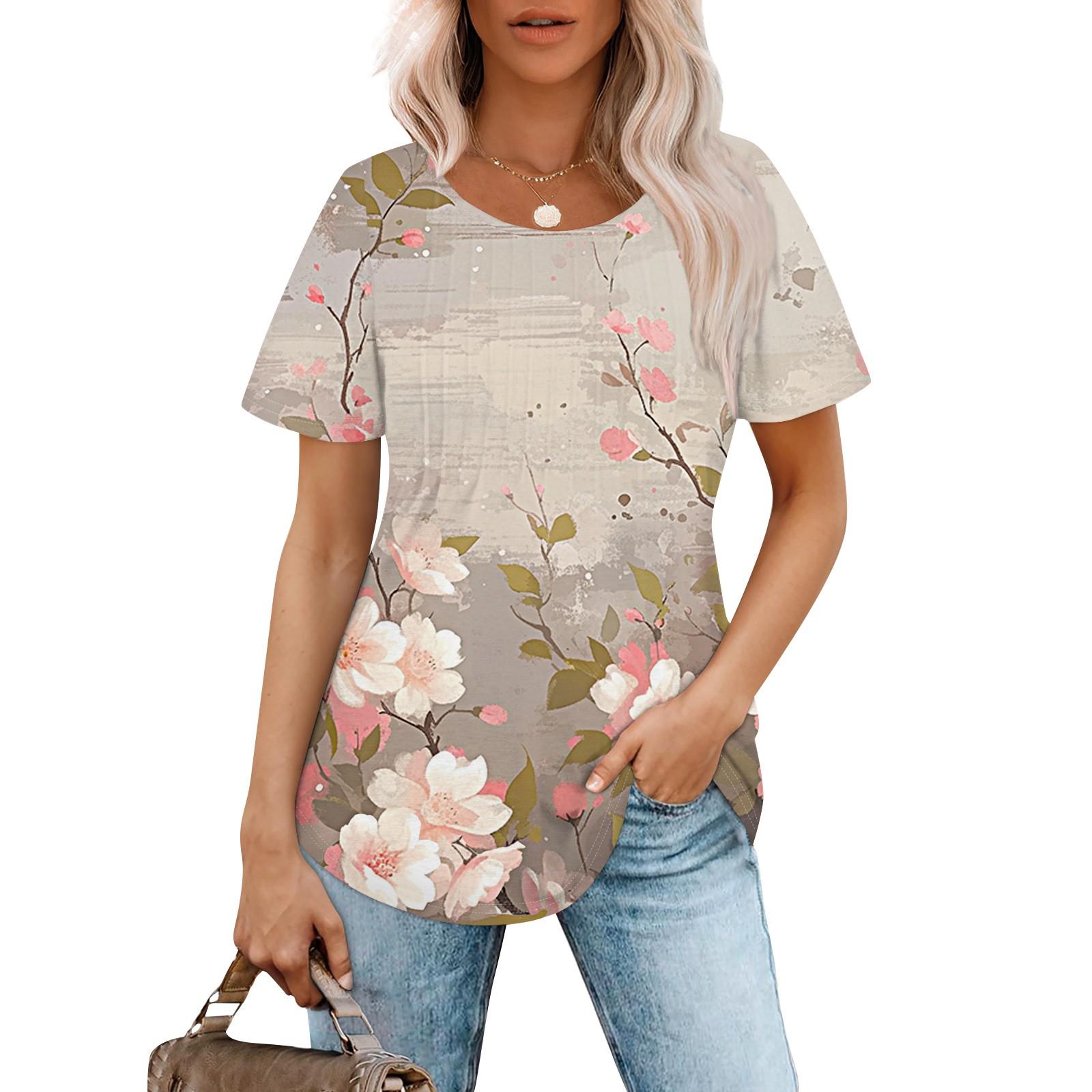 

Женская модная повседневная плиссированная футболка с короткими рукавами и круглым вырезом с принтом L