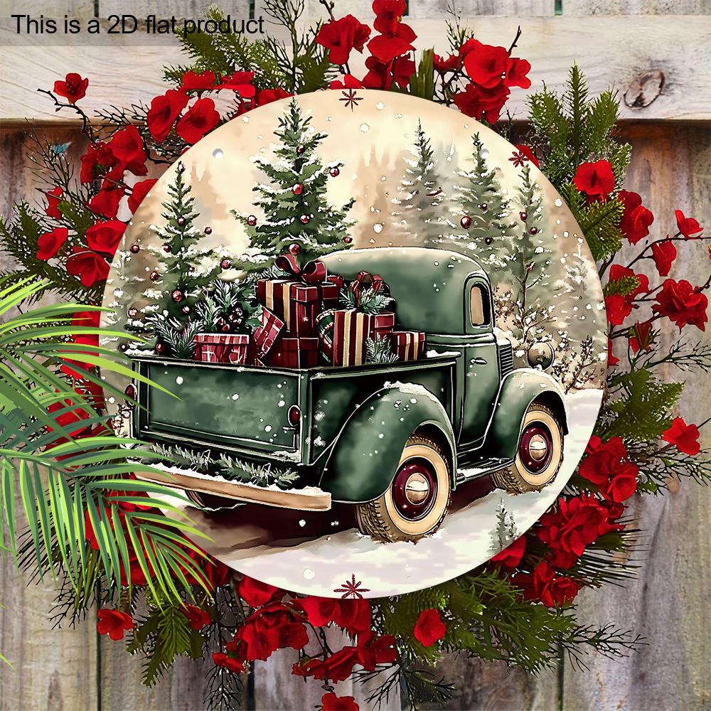 Christmas Wooden Sign with Vintage Pickup Truck Pattern, Warm Winter Round Sign for Front Door Wall Hanging Decor, Ideal Christmas Decoration