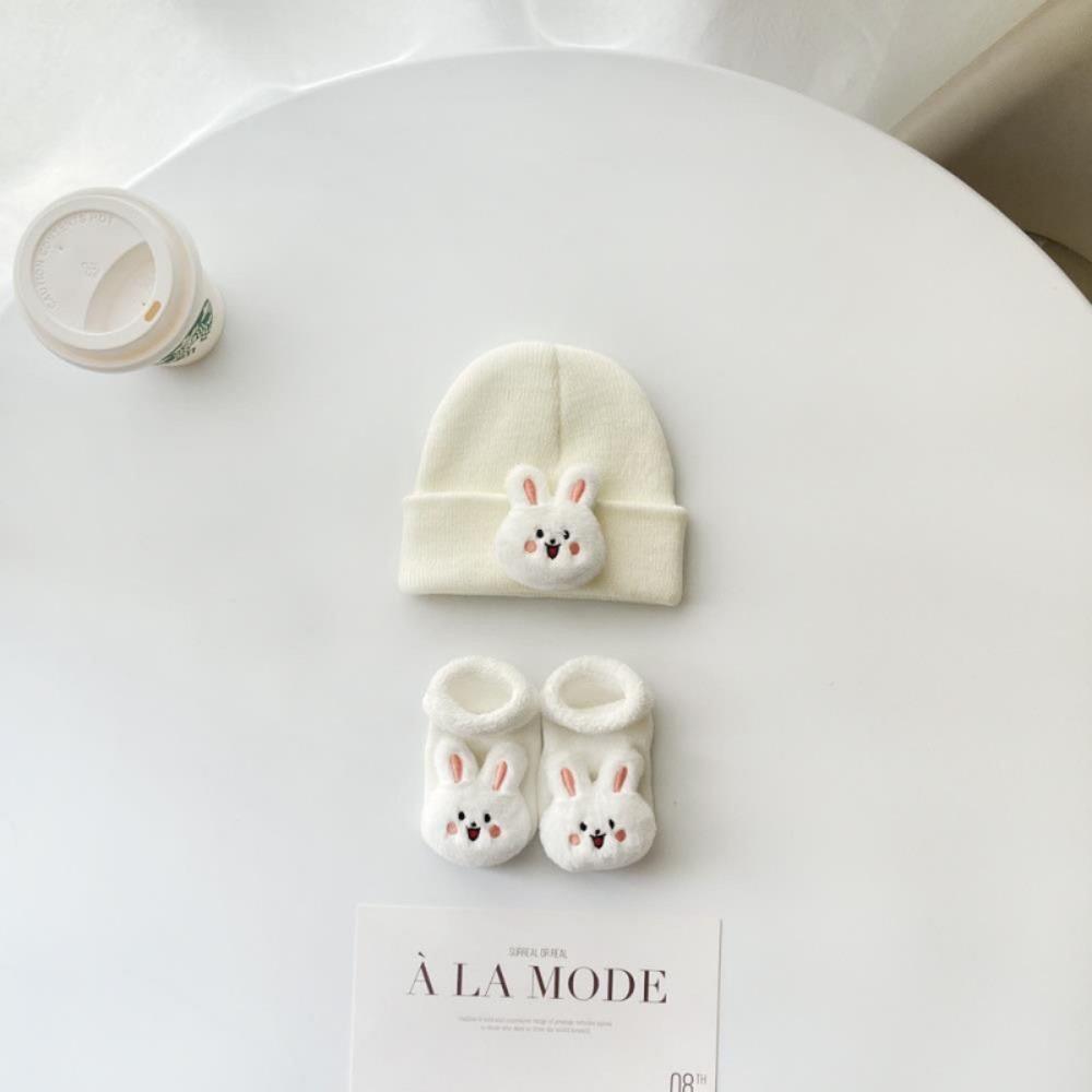 2PCS/Set Cartoon Baby Hat Socks Winter Knitted Newborn Short Socks New Pullover Hats Boy Girl