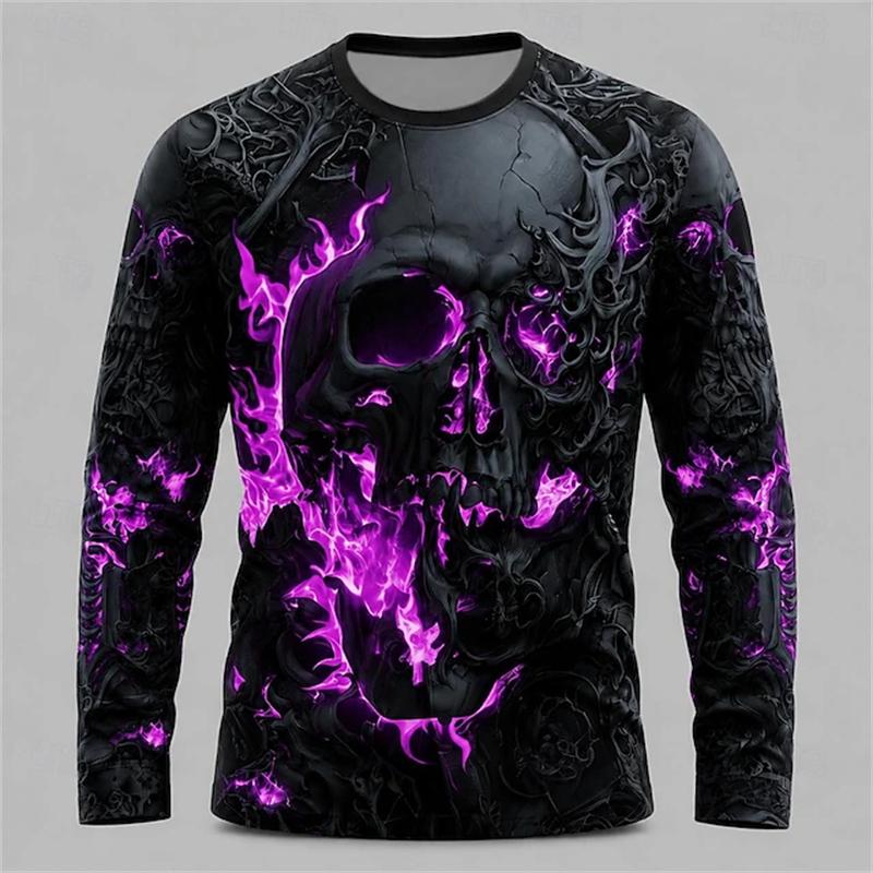 New Men's Round-Neck Halloween Long-Sleeve T-Shirt with Spooky Skull Print for Holiday Parties - Men's Top