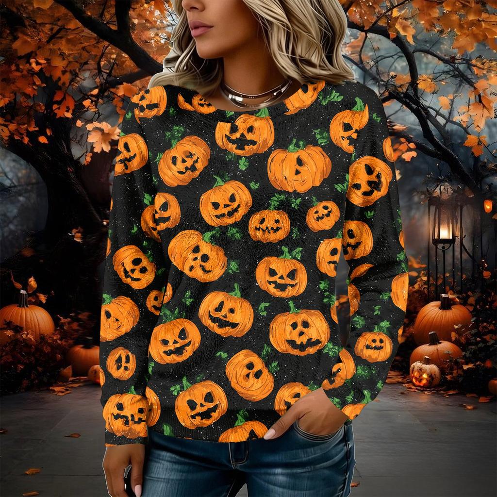 Women's Flannel Long Sleeve Top with Halloween Print Neck Pullover Shirt