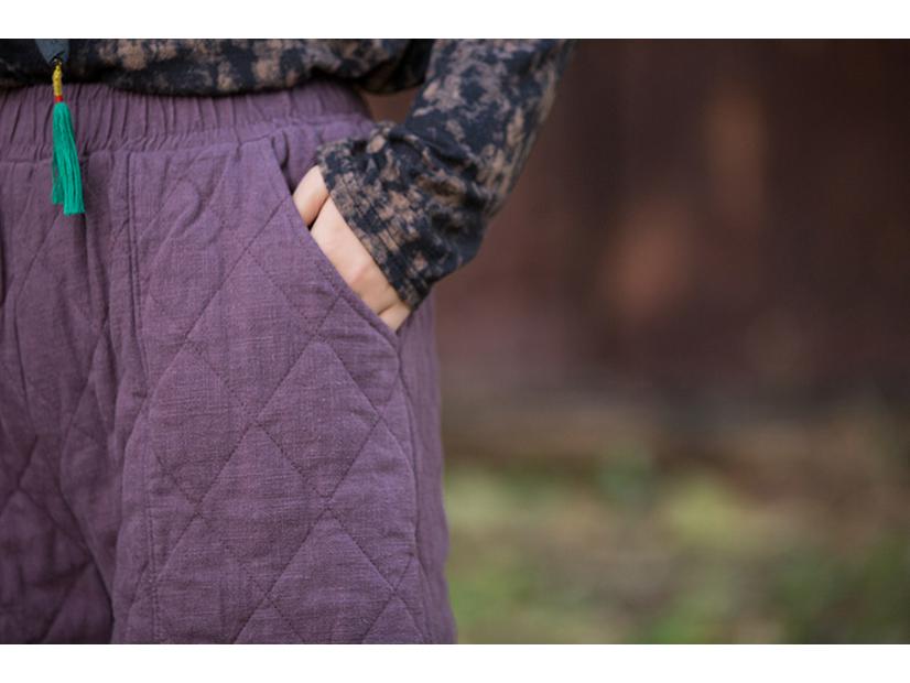 2025 Winter Women's Retro Quilted Diamond Pattern Lantern Pants - Thick Warm Cotton Linen