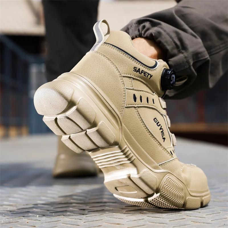 Novas Botas de Segurança com Botão Rotativo à Prova d'Água Tênis de Trabalho Masculinos Indestrutíveis à Prova de Perfuração Sapatos de Proteção com Biqueira de Aço