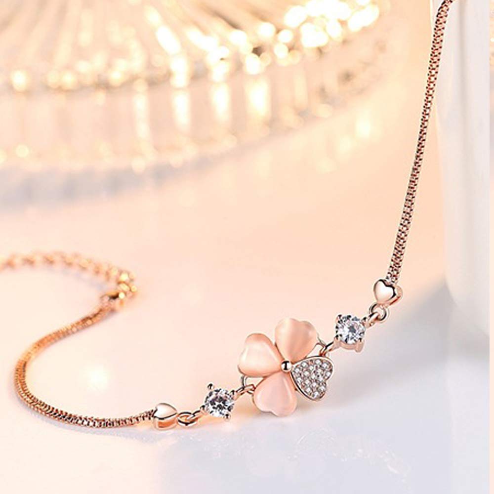 Four Leaf Clover 925 5A 18K Pink Gold Venetian For Lucky Gift Box Included Women's Bracelet, Bangle, Bracelet, Silver, Zirconia, Plated,