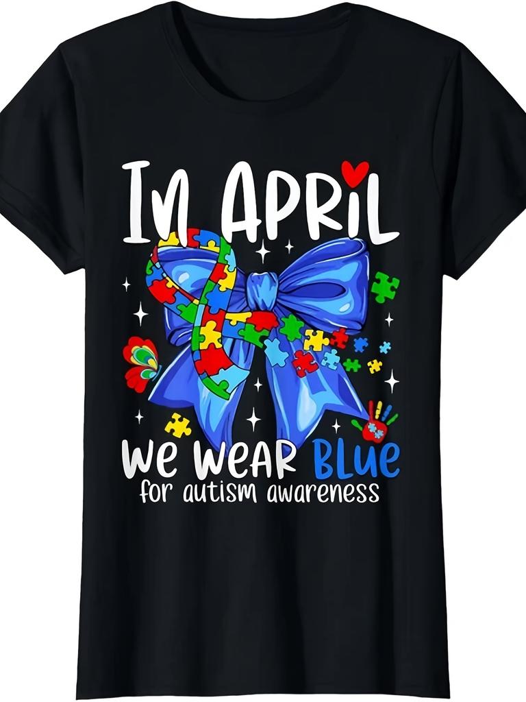 In April We Wear Blue Autism Awareness Coquette Bow Ladies' Crewneck T-ShirtSame Style for Men and Womensummer Short-sleeved Printed T-shirt Pure
