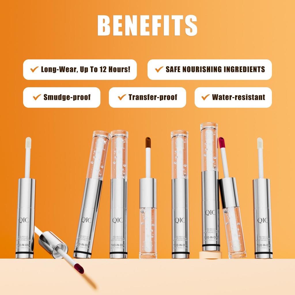 QIC Doppelköpfiges Tear Lip Glaze + Lippenöl Wasserdicht Nicht klebend Tasse Lippenstift 2 in 1 Abziehbarer Lipliner Lippenstift Lippenöl