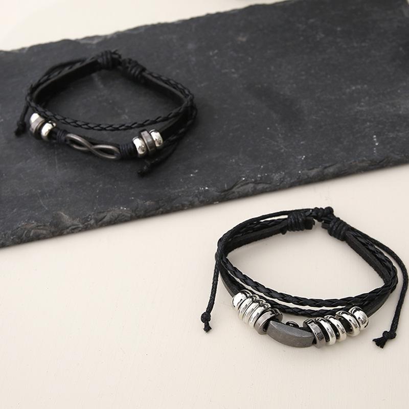 Ensemble de bracelets punk rétro pour hommes: Bracelets ajustables 5 pièces en cuir de vachette tissé à la main et corde cirée
