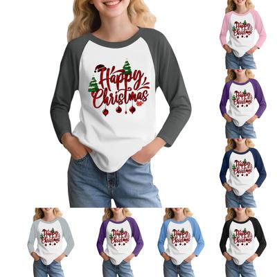 Kids' Fashionable Comfortable Christmas Print Neck Pullover Long Sleeve Top