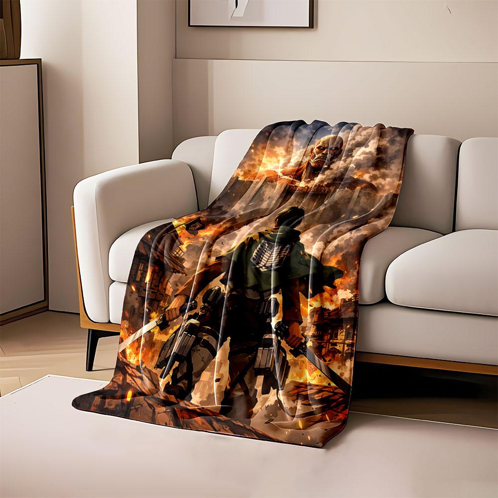 

Giant figure over wall, warrior below with blades amidst fiery ruins. for all seasons blanket lunch break throw gift 80cm x 120cm