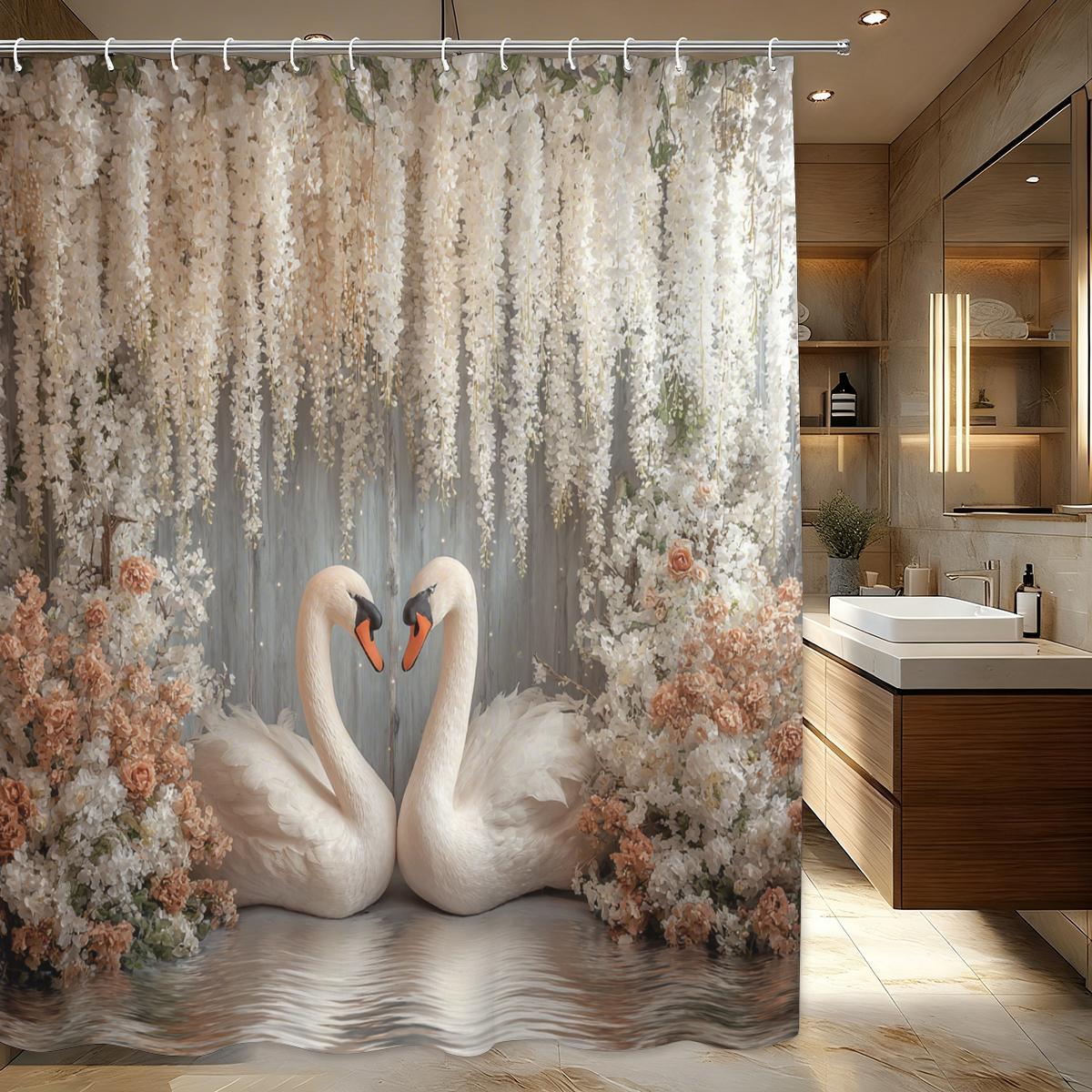 

Elegant Swan Pattern Polyester Shower Curtain - Charming Bathroom Decor, Stylish Bathtub Partition For Home Hotel W60H190(CM)-1 Pcs