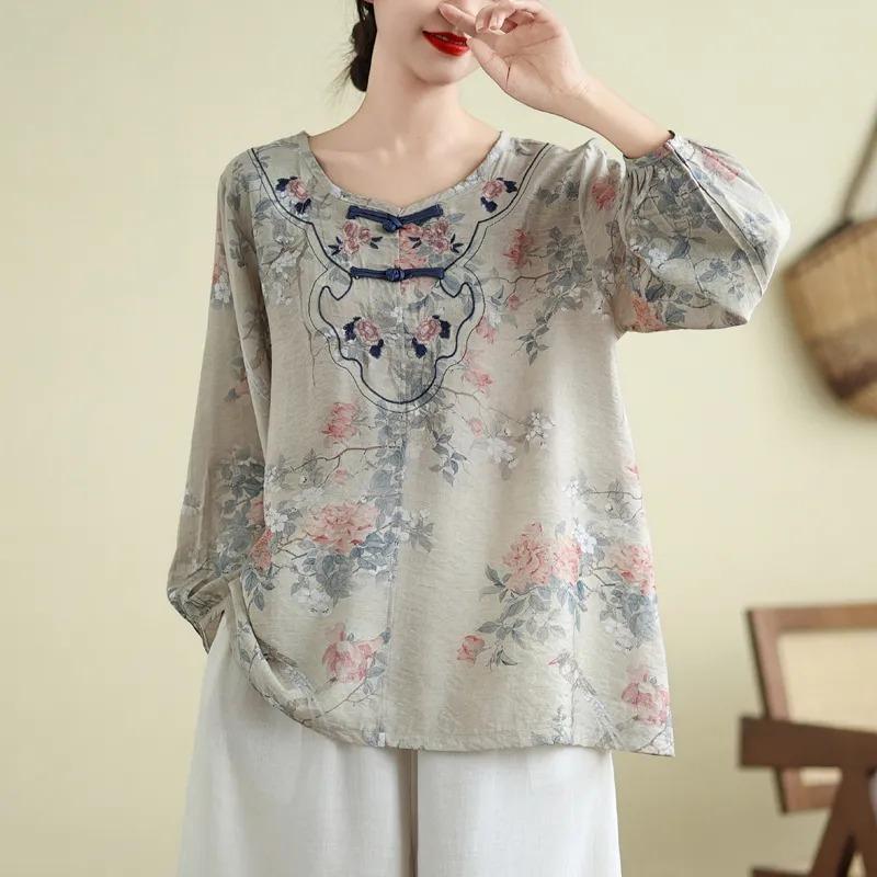Autumn New Large Size Women's New Chinese Style National Style Embroidered Long-sleeved Tops Loose Pullover T-shirt