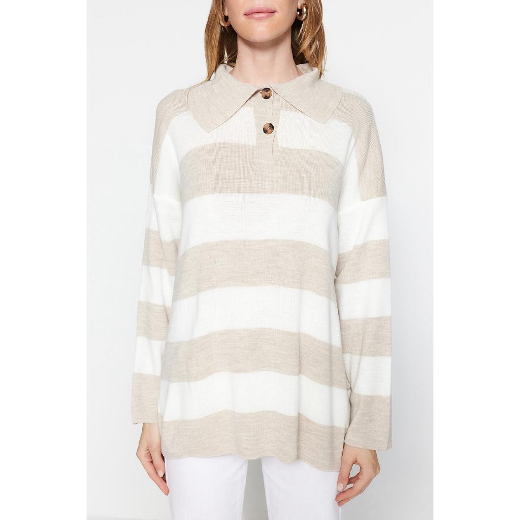 Schwarz gestreifter Strickpullover mit Rollkragen Tctaw23kz00039