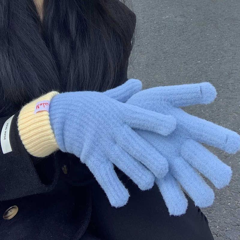 Damen Winter Verdickt Winddicht Warmhalten Fingerspitzen Touchscreen Strickhandschuhe Farbige Strickwaren Weiche Accessoires