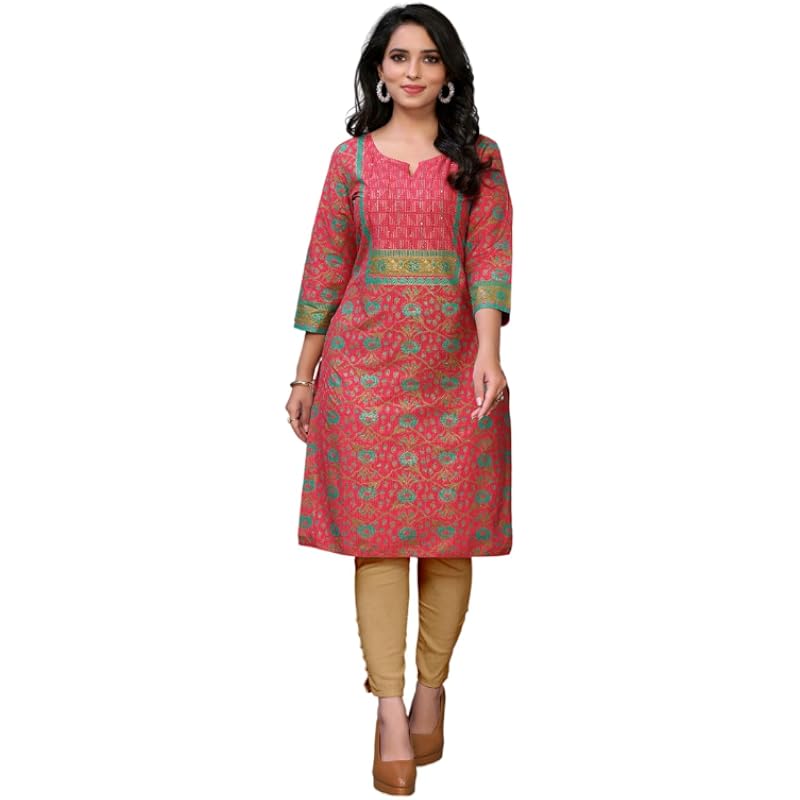 rangita Red Cotton Knee Length Embroidered Straight Kurti | Kurta for Women_M