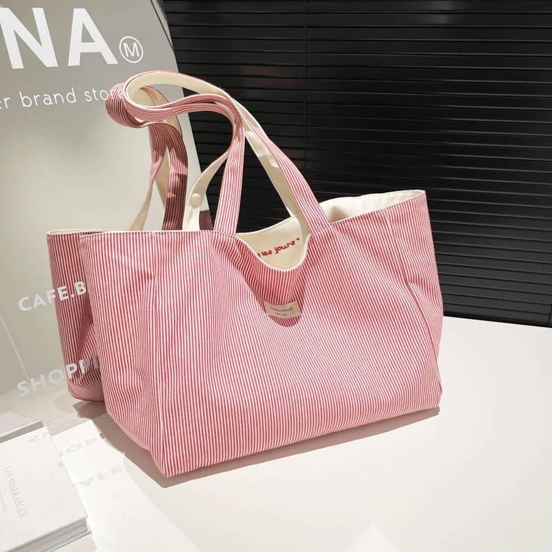 New Double-sided Shoulder Bag Large-capacity Tote Bag Literary Texture Embroidery Student Canvas Striped Commuter Bag