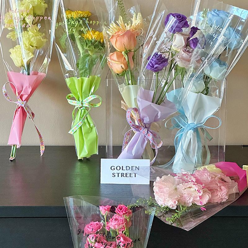 50 pezzi di buste per fiori con maniche a rosa singola, sacchetti per bouquet, in cellophane trasparente, involucri floreali per San Valentino