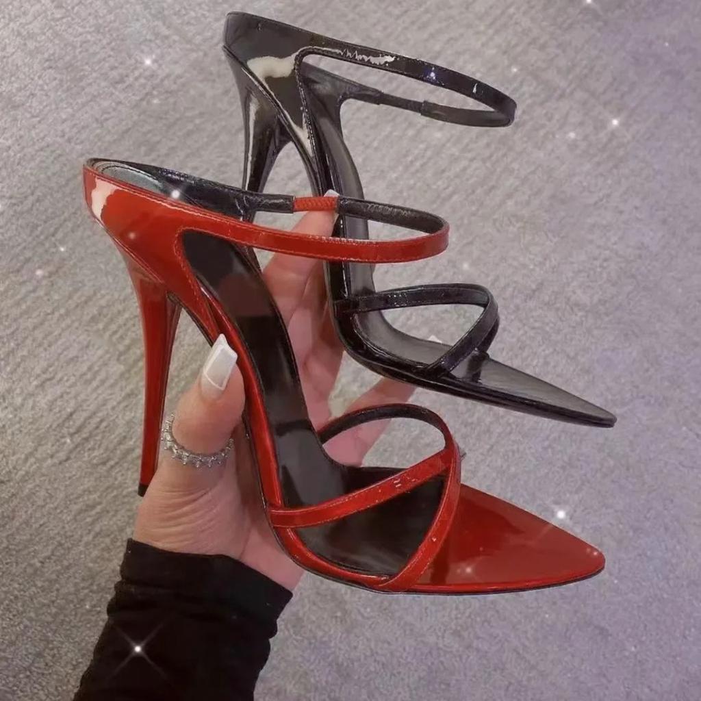 Summer Pointed Toe Slippers Women Red Patent Leather Open Toe Stiletto High Heels Women Outside Wear Sexy Sandalias