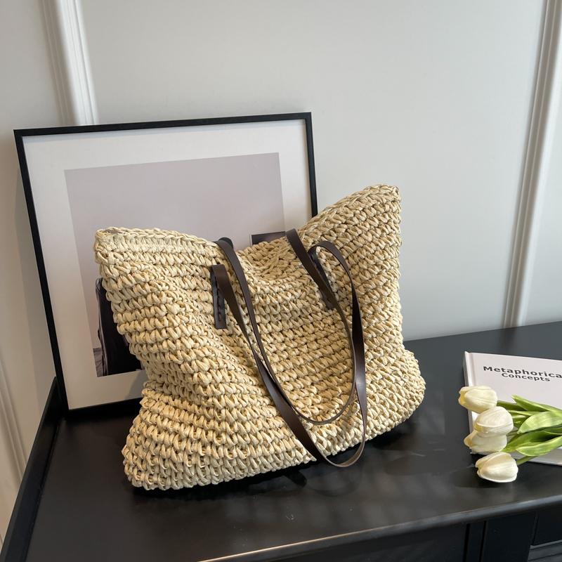 Luxury Design Straw Woven Tote Bags for Women Large Capacity Shoulder Beach Bag Pure Color Summer New Big Shopping Handbag