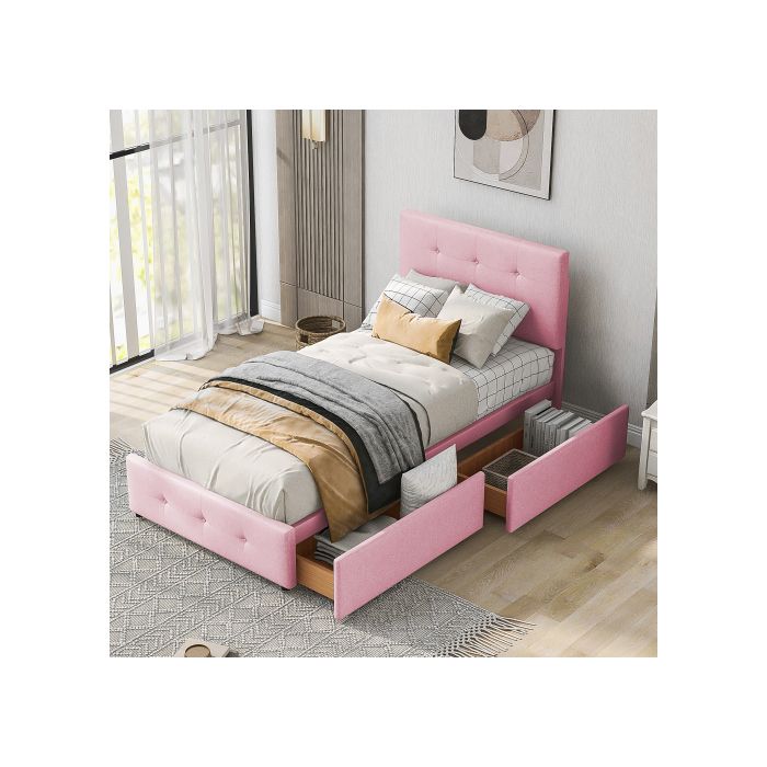 Lit - MUVOE - 90 x 200 cm - Rembourré en velours - Avec tiroirs - Montage facile