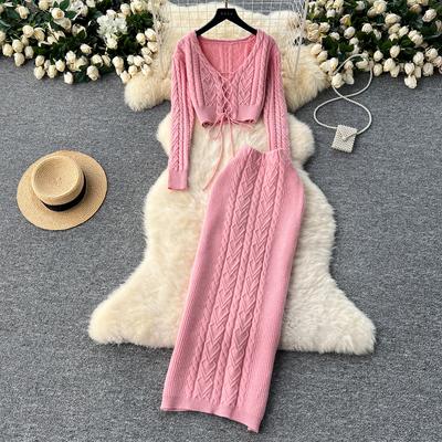Autumn Winter New Two Piece Skirt Set Knit Sweater Top+High Waist Fried Dough Twists Sweater Skirt Suit