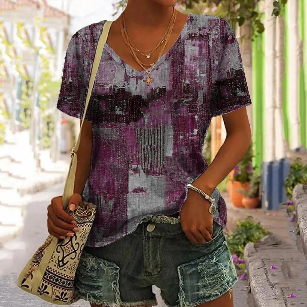 Summer V-neck 3D Retro Denim Plaid Printed Top Fashionable Casual Short Sleeved Women's T-shirts