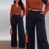 Women High Waist Wide Leg Suit Pants With Decorative Belt Pockets Solid Color Elegant Business Office Formal Long Trousers