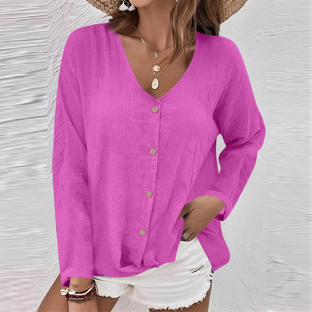 Women's Fashion Casual Solid Color V-Neck Live Button Long Sleeve T-Shirt Top