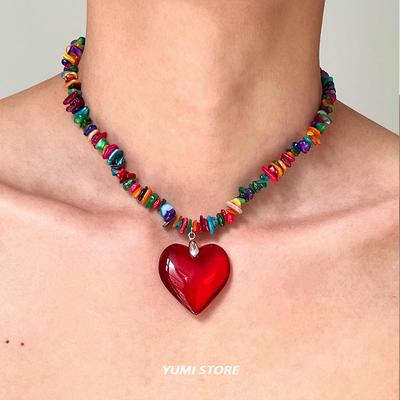 Y2k Colored Stone Love Pendant Necklace For Woman Man Sweet Cute Sweater Clavicle Chain New Couple  Kpop Gift