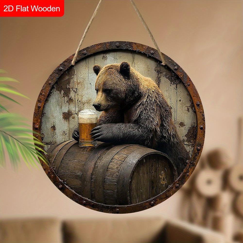 Wooden Sign with Bear & Beer Barrel Pattern - Unique Wall Pediments - Ideal for Front Door, Yard, Wall Decor