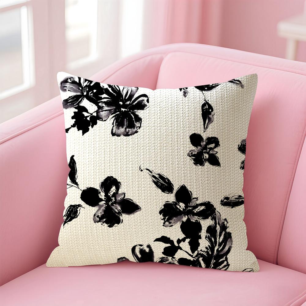 Black Ink Flower Cushion Cover Natural Linen Pillow Case DoubleSided Print Decorative Sofa Pillowcase Home Decor Gift